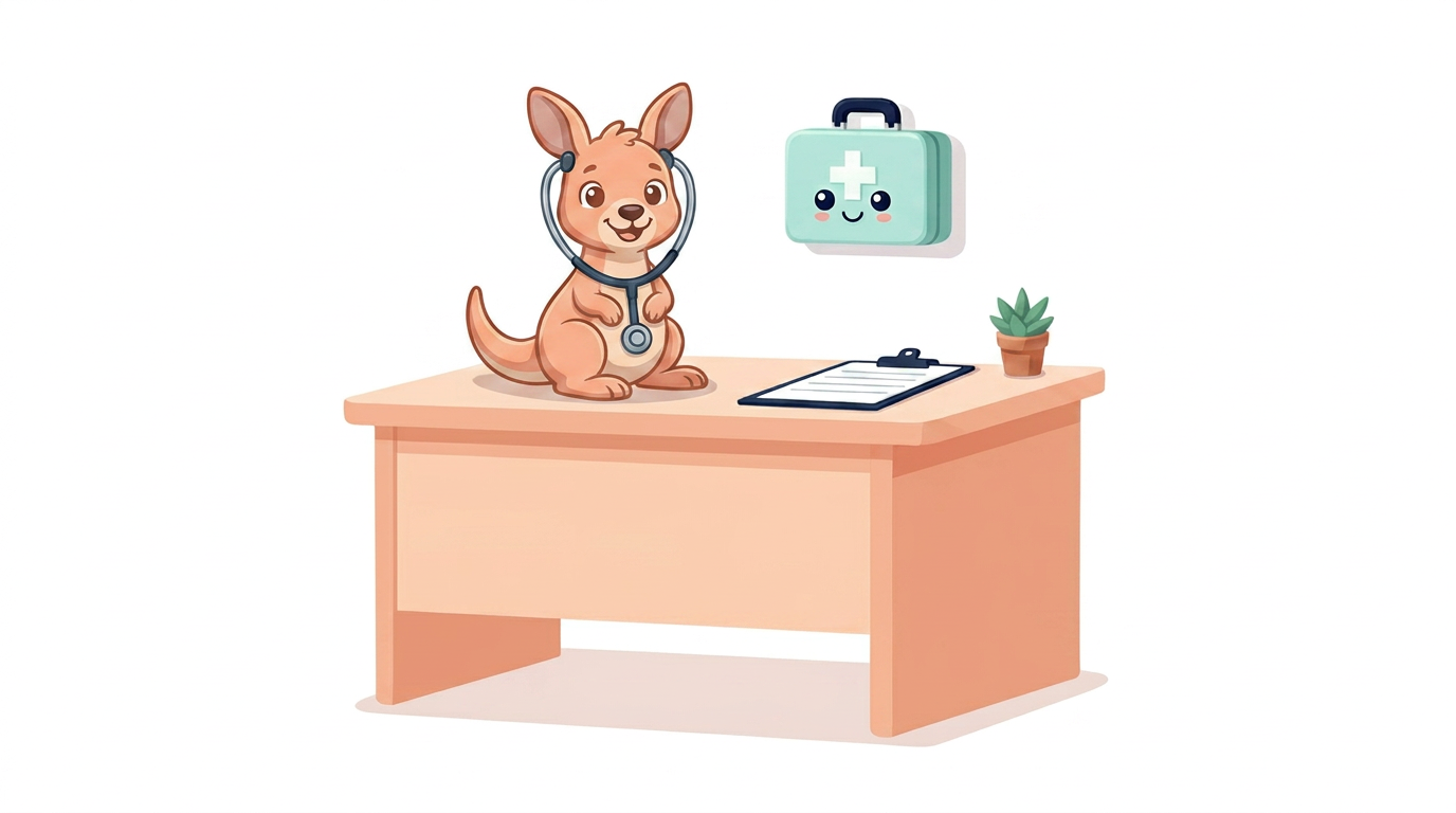 Joey the kangaroo mascot sitting on a school nurse's desk